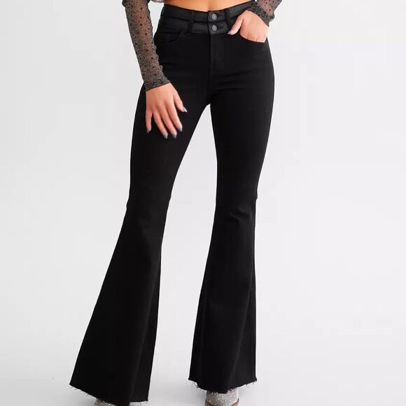 Vervet Blue Black Jeans 24 High Rise Raw Hem Super Flare Stretch Side Panel BOHO - Picture 1 of 16